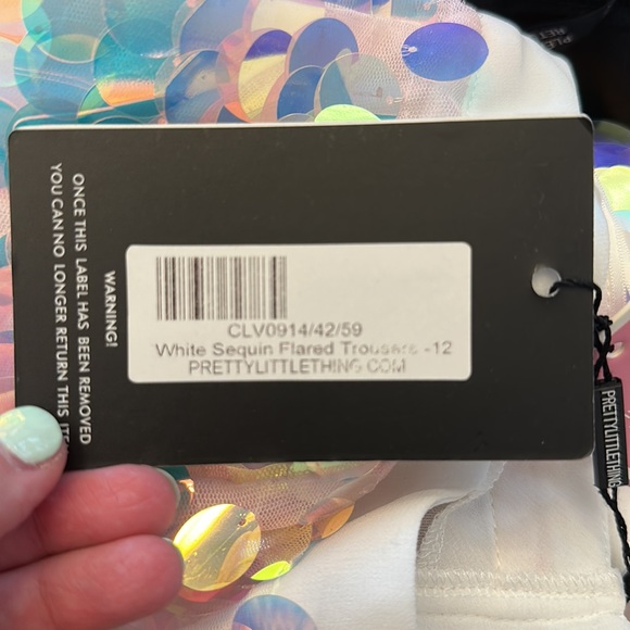 PrettyLittleThing white, iridescent sequin flare pants and bra top - Picture 12 of 12